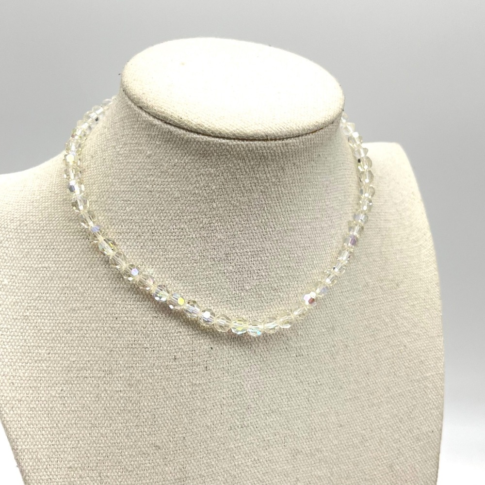 Vintage Aurora‎ Borealis Iridescent Faceted Glass Bead Choker Necklace 13.5in